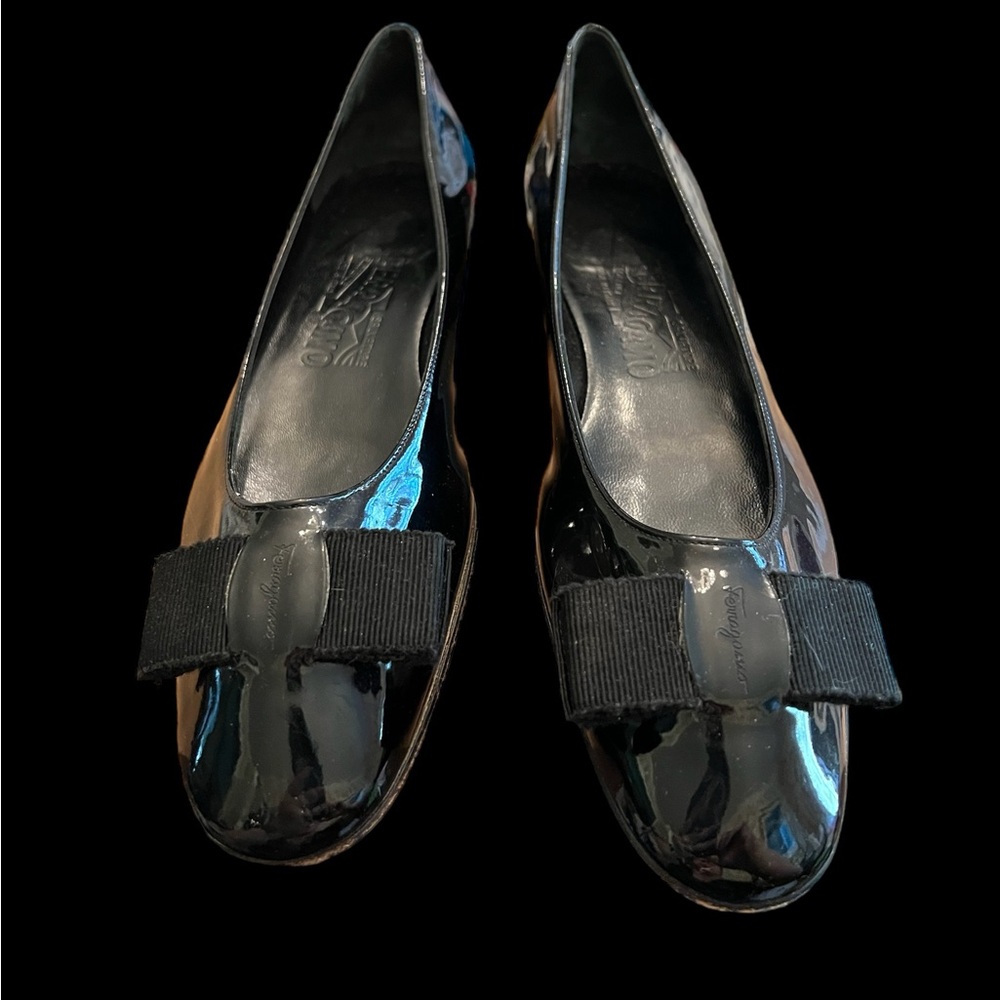 Salvatore Ferragamo black patent leather bow flats